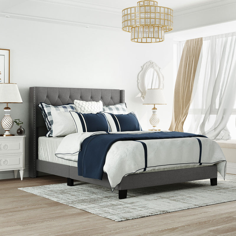 Upholstered Platform Bed with Classic Headboard, Box Spring Needed, Gray Linen Fabric, Queen Size