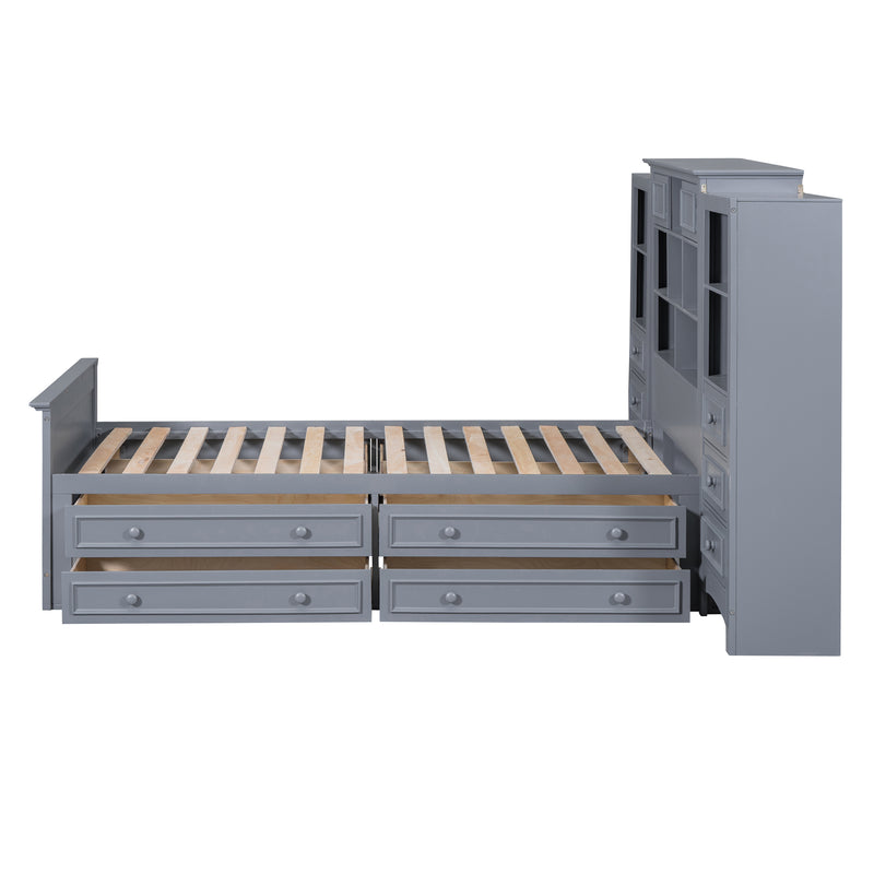 Twin Size Wood Platformbed with Vertical All-in-One Cabinet and 4 Drawers on each side, Gray