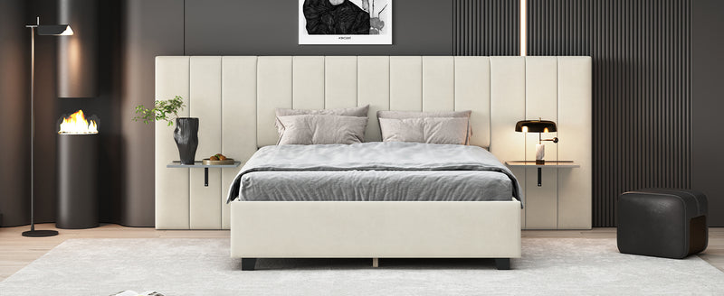 Queen Size Upholstered Platform Bed with Big Headboard, Bedroom Furniture, Velvet, Beige