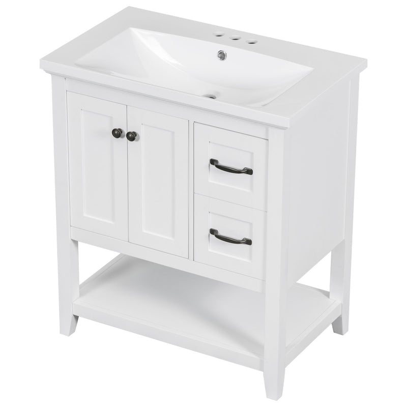 Bathroom Vanity With Ceramic Sink Top, Vanity Cabinet With Multi-Functional Drawer, Solid Wood Legs - White