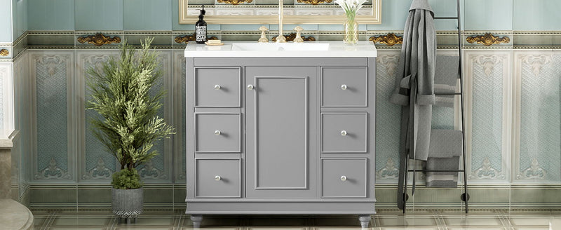 Contemporary Bathroom Vanity Cabinet, 4 Drawers & 1 Cabinet Door, Multipurpose Storage, Resin Integrated Sink, Adjustable Shelves, Solid Wood Frame With MDF