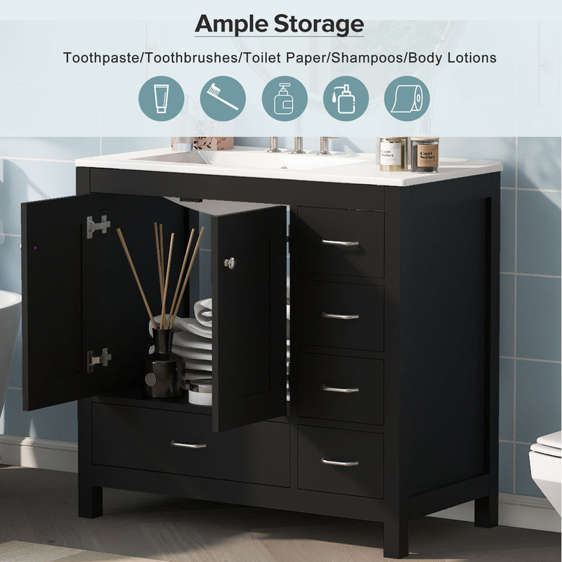 Bathroom Vanity With Ceramic Sink Combo, Abundant Storage Cabinet -2 Soft-Close Doors And 5 Drawers