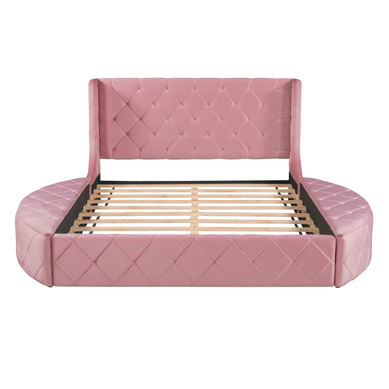 Upholstered Platform Bed Queen Size Storage Velvet Bed with Wingback Headboard and 1 Big Drawer,2 Side Storage Stool(Pink)