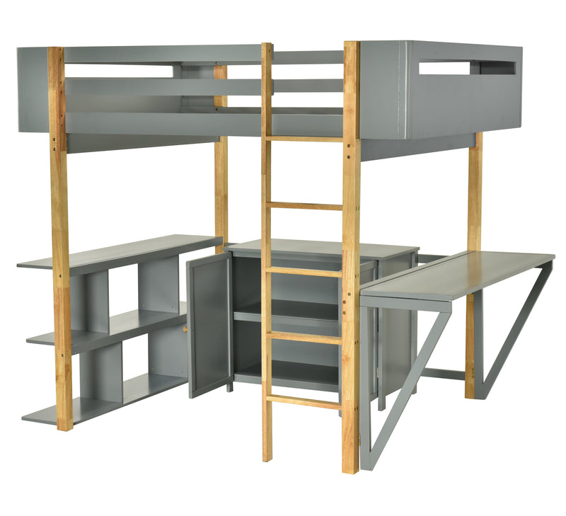 Twin Size Wood Loft Bed With Built-in Storage Cabinet and Cubes, Foldable desk, Gray