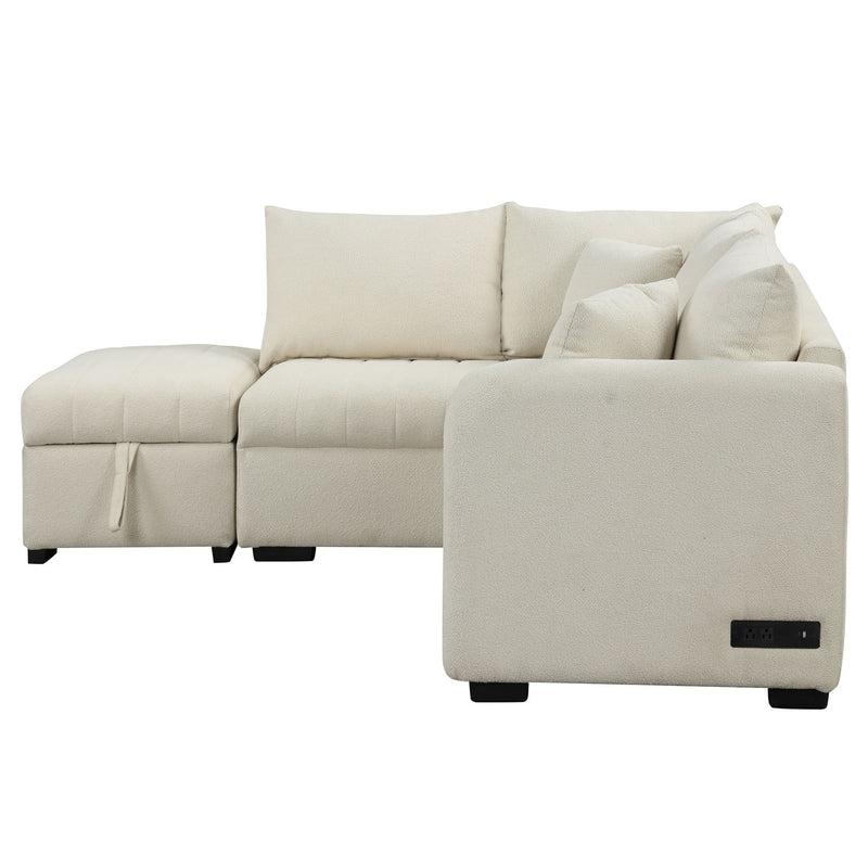 L-Shaped Sectional Pull Out Sofa Bed Sleeper Sofa With Two USB Ports, Two Power Sockets And A Movable Storage Ottoman