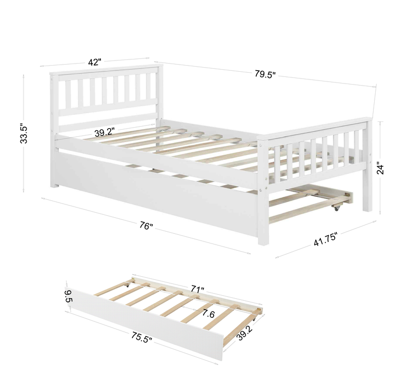 Twin Bed with Trundle, Platform Bed Frame with Headboard and Footboard, for Bedroom Small Living Space,No Box Spring Needed,White(Old SKU:W50422211)