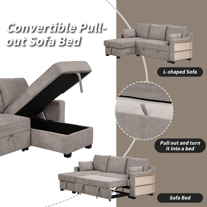 Pull Out Sleeper Sofa L-Shaped Couch Convertible Sofa Bed With Storage Chaise, Storage Racks And USB Ports