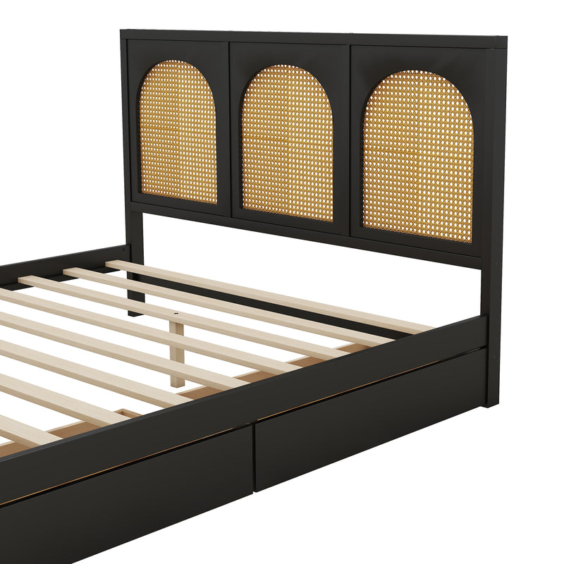 Queen Size Wood Storage Platform Bed with 2 Drawers, Rattan Headboard and Footboard, Black