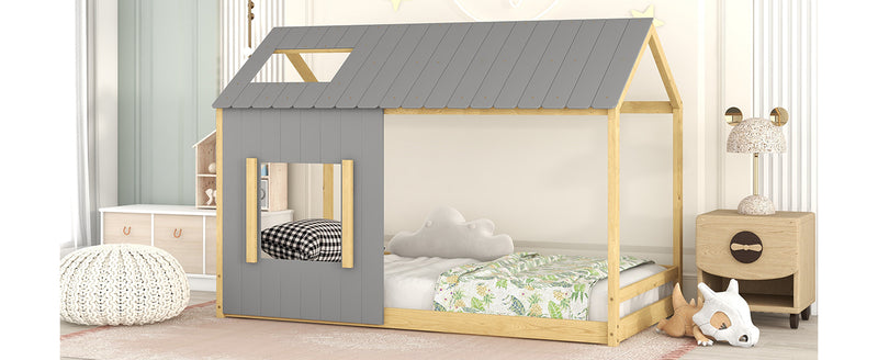 Twin Size House Bed with Roof and Window - Gray+Natural