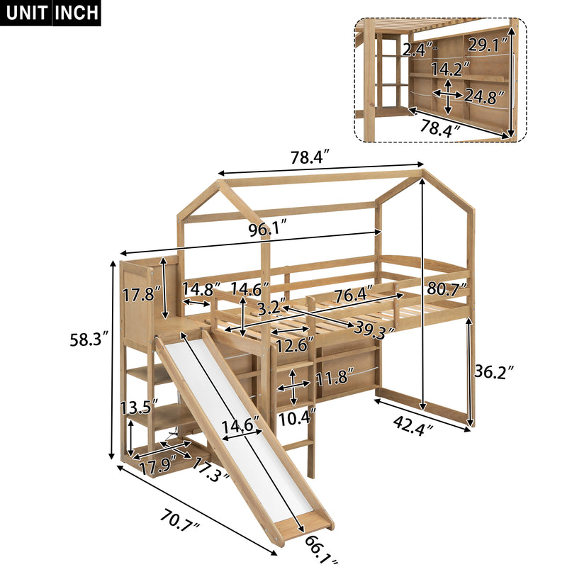 Twin Size Wood House Loft bed with Slide, Storage shelves and Light, Climbing Ramp, Wood Color