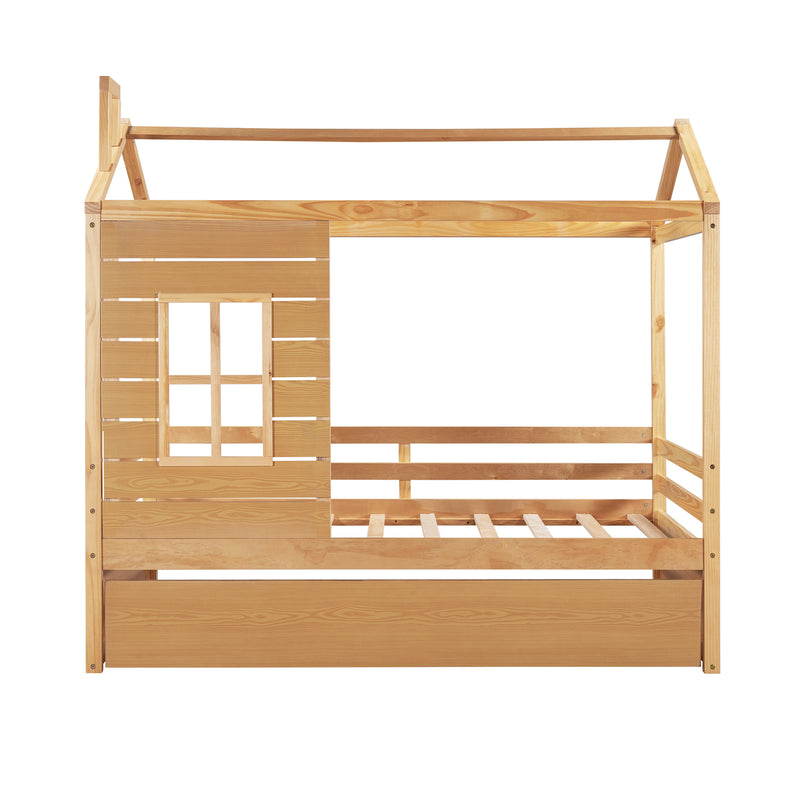 Twin Size House Bed Wood Bed with Twin Size Trundle ( Natural )