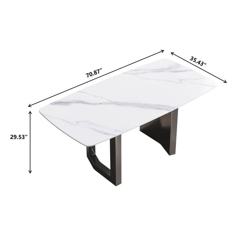 70.87" Modern Artificial Stone White Curved Black Metal Leg Dining Table - White / Black