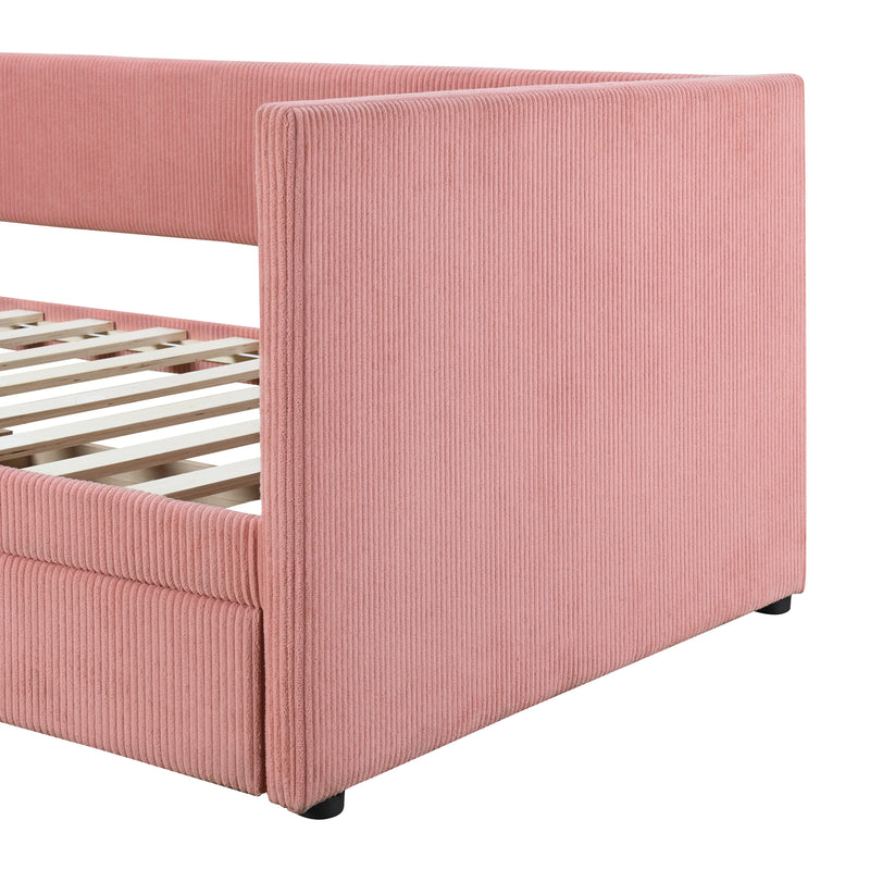 Twin Size Corduroy Daybed with Two Drawers and Wood Slat, Pink