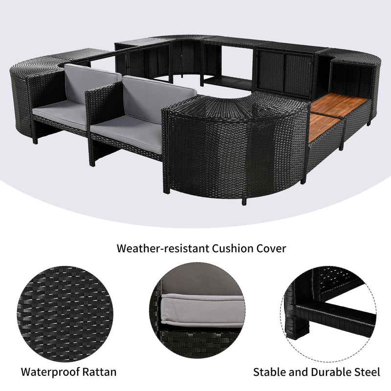 Spa Surround Spa Frame Quadrilateral Outdoor Rattan Sectional Sofa Set With Mini Sofa, Wooden Seats And Storage Spaces