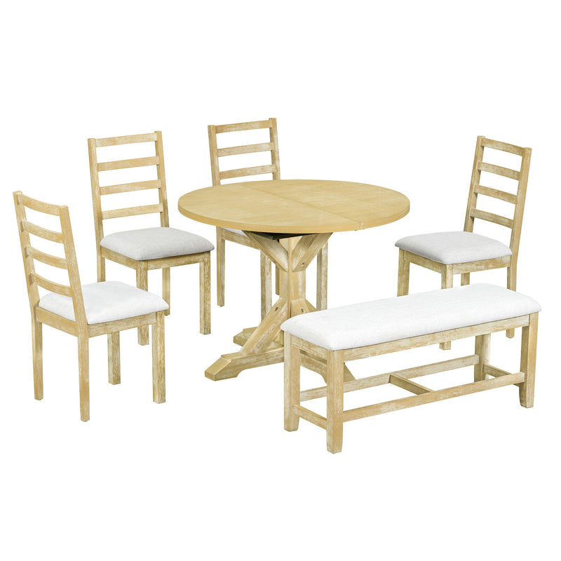 Topmax - 6 Piece Farmhouse Extendable Pedestal Dining Table Set With 18Inch Removable Leaf, Bench And 4 Ladder Back Dining Chairs