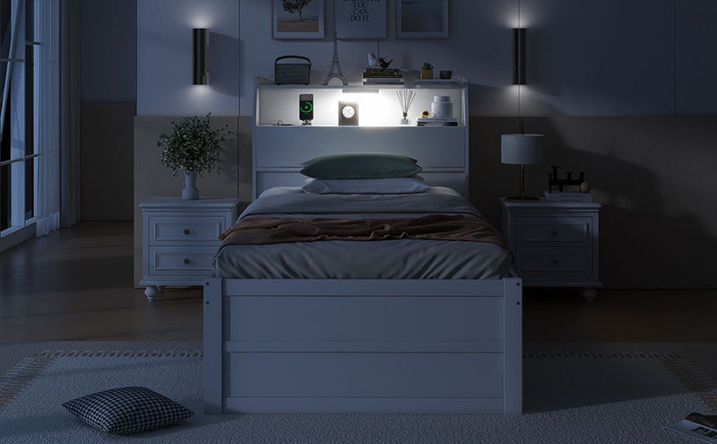 Wooden LED Platform Bed With Trundle, With Storage Headboard, With Drawers