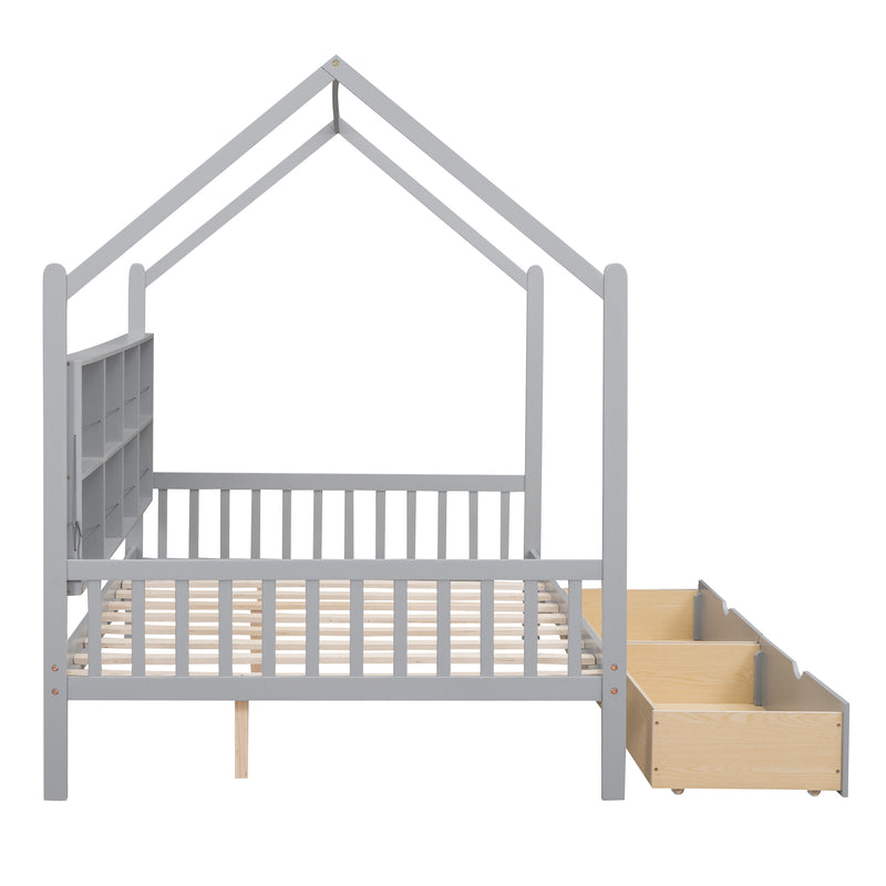 Wooden Full Size House Bed with 2 Drawers,Kids Bed with Storage Shelf, Gray(Expected Arrival Time: 5.15)