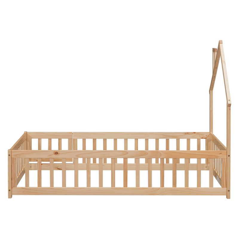 Twin House-Shaped Headboard Floor Bed with Fence
,Natural