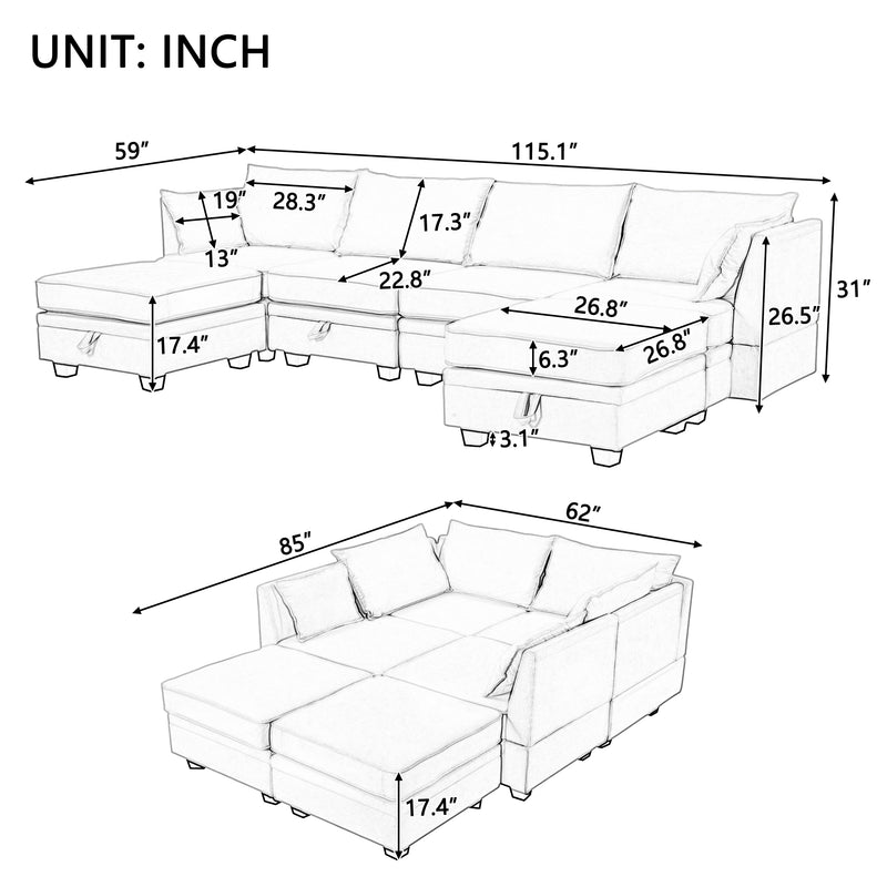 U_Style Modern Large U-Shape Modular Sectional Sofa,  Convertible Sofa Bed with Reversible Chaise for Living Room, Storage Seat