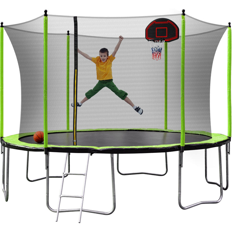 14Ft Trampoline With Basketball Hoop Inflator And Ladder (Inner Safety Enclosure) - Green