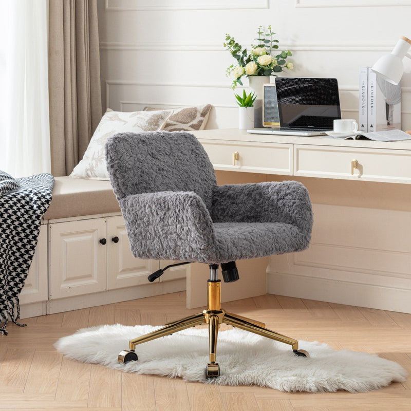 Office Chair, Artificial Rabbit Hair Home Office Chair With Golden Metal Base, Adjustable Desk Chair Swivel Office Chair, Vanity Chair