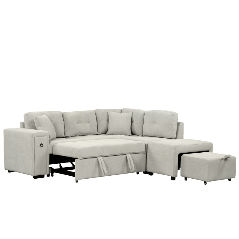 Sectional Sofa L-Shaped Sofa Couch Pull-Out Sofa Bed With A Movable Ottoman, Two USB Ports And Two Cup Holders For Living Room