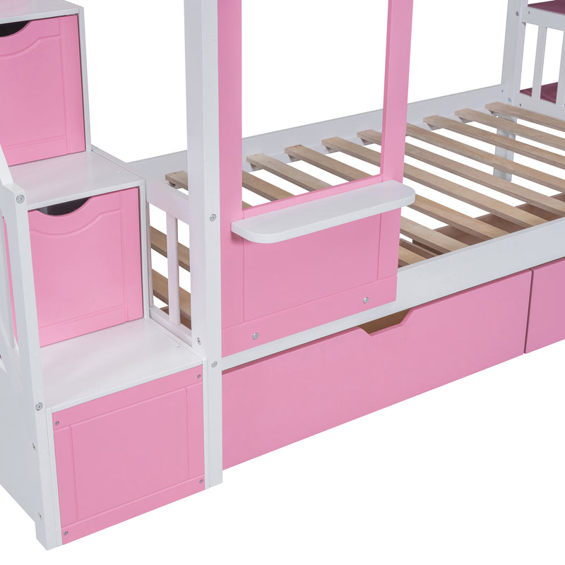 Twin-Over-Twin Castle Style Bunk Bed with 2 Drawers 3 Shelves and Slide - Pink