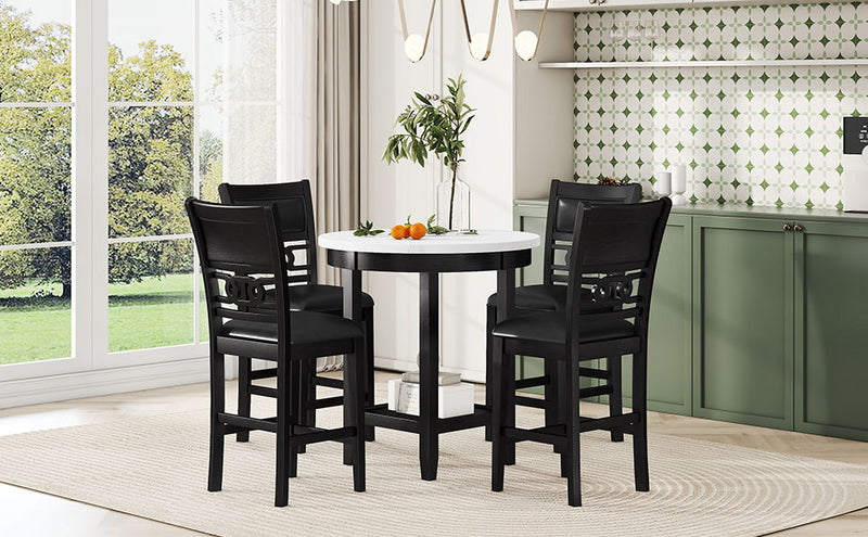 5 Piece Counter Height Dining Round Table Set With One Faux Marble Top Dining Table And Four Pu-Leather Chairs - Dark Espresso