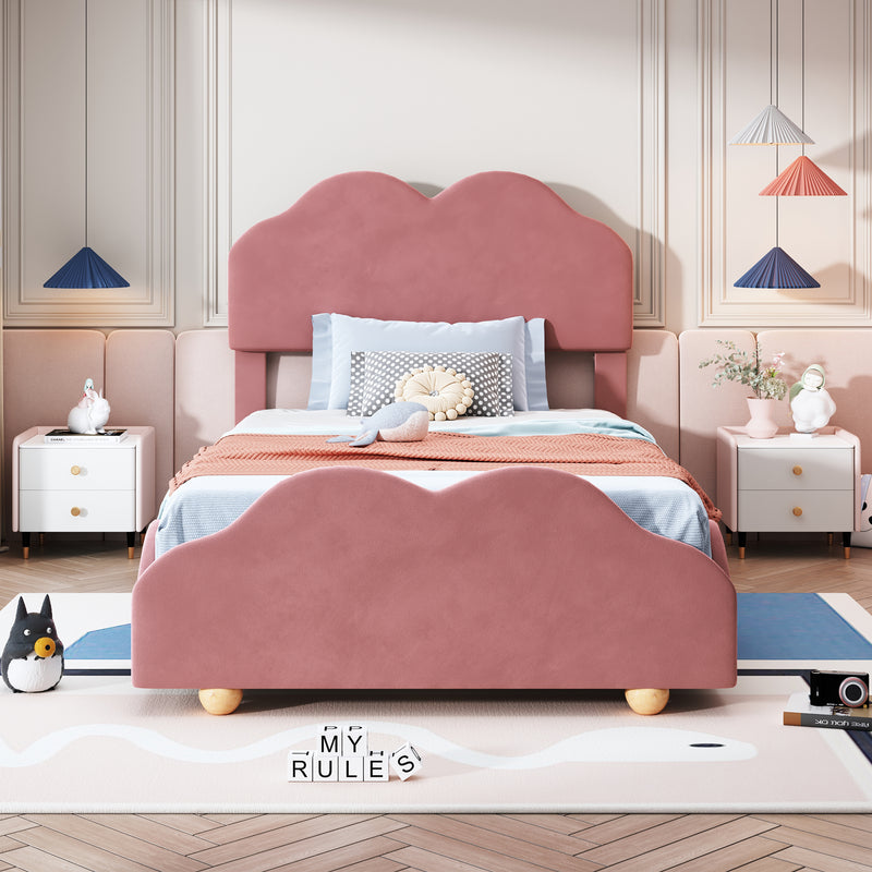 Twin Size Upholstered Platform Bed with Cloud Shaped bed board, Dark Pink