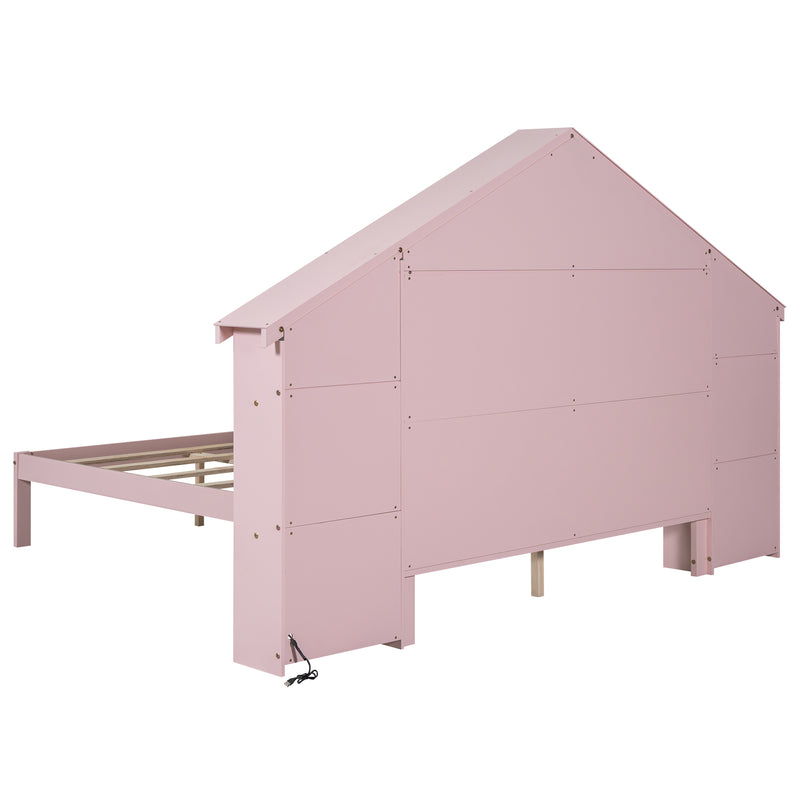 Wood Full Size Platform Bed with House-shaped Storage Headboard and Built-in LED, Pink