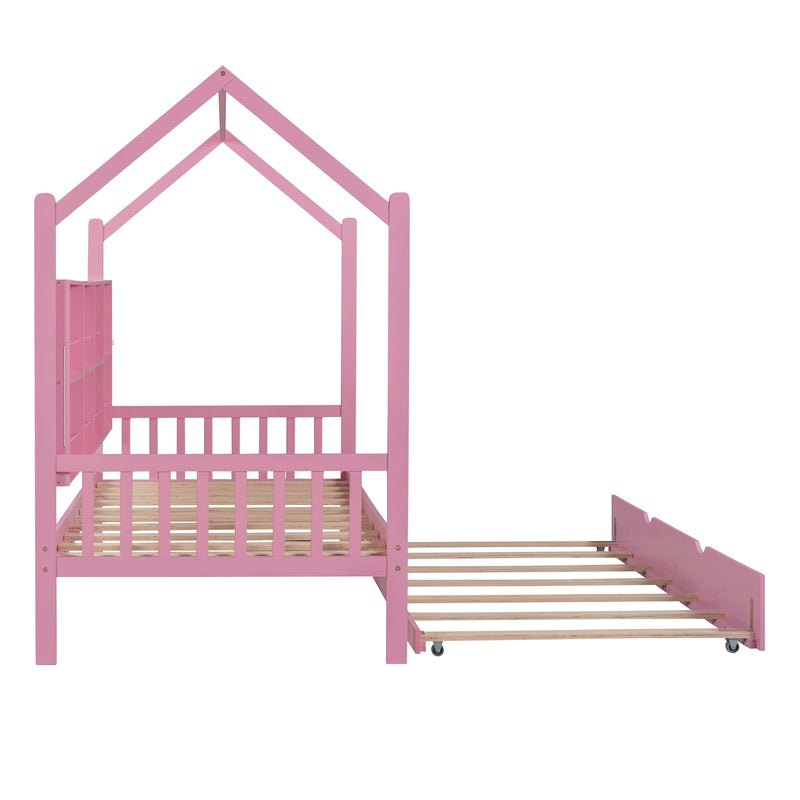 Wooden Twin Size House Bed with Trundle,Kids Bed with Shelf,Pink