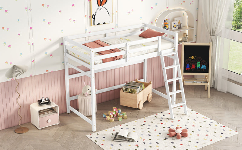 Twin Size High Loft Bed with inclined Ladder, Guardrails,White