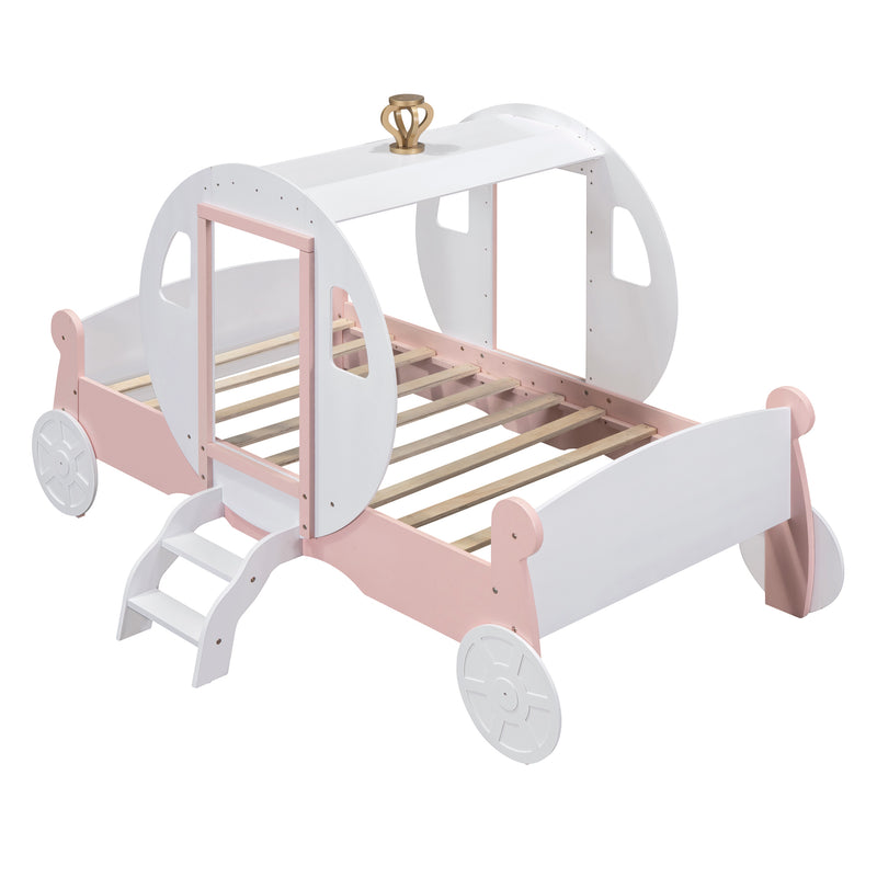 Twin size Princess Carriage Bed with Crown ,Wood Platform Car Bed with Stair,White+Pink