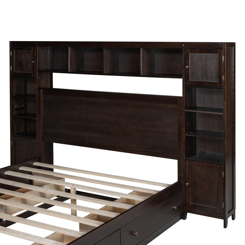 Queen Size Wooden Bed With All-in-One Cabinet, Shelf and Sockets, Espresso