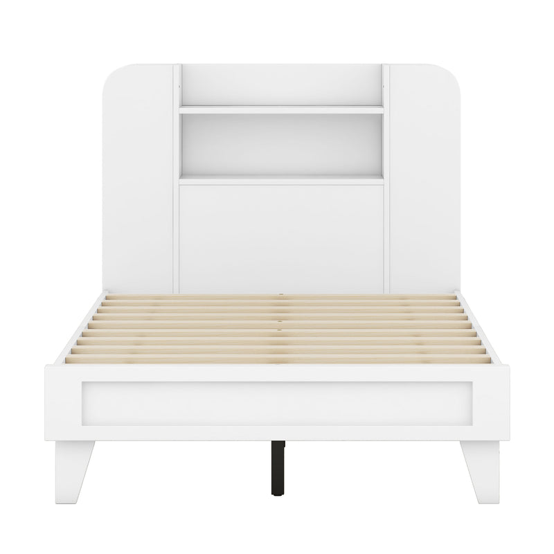 Twin Size Platform Bed with Storage Headboard,Multiple Storage Shelves on Both Sides,White