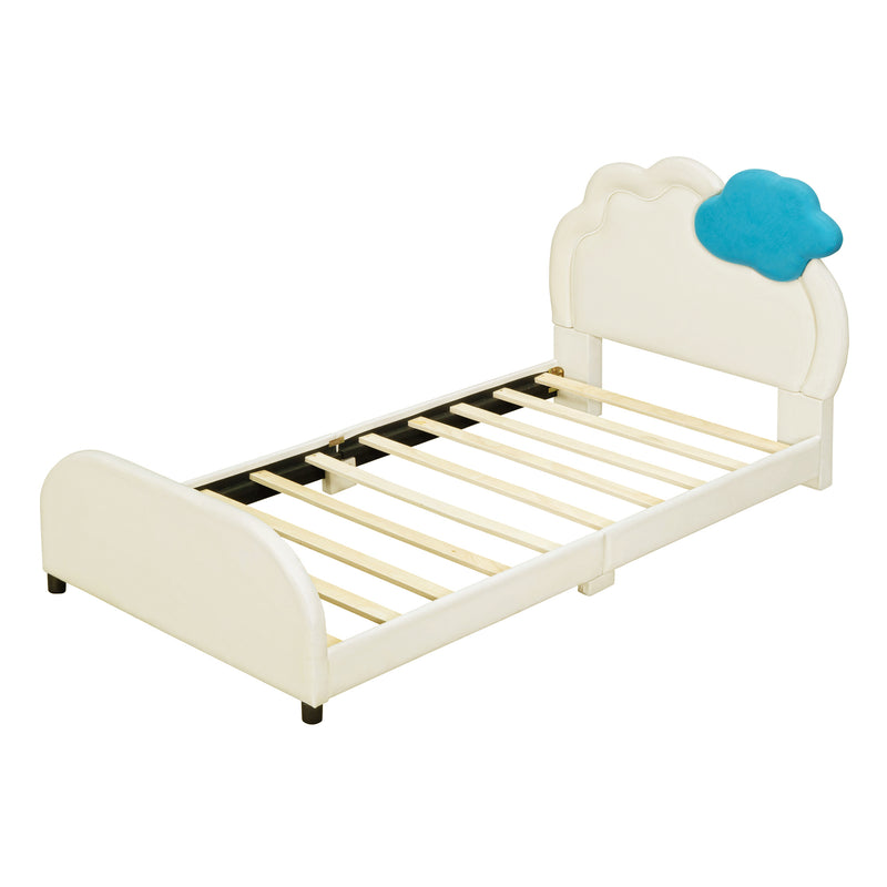 Twin Size Upholstered Platform Bed with Cloud-Shaped Headboard and Embedded Light Stripe, Velvet, Beige