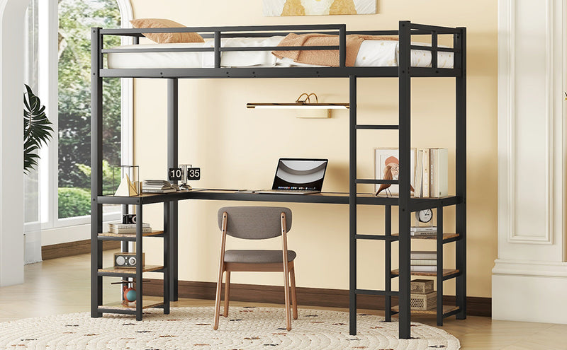 Twin XL Metal Loft Bed with Desk and Shelves, Loft Bed with Ladder and Guardrails, Loft Bed Frame for Bedroom, Black