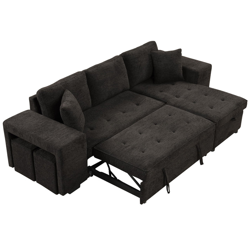 Modern L-Shape 3 Seat Reversible Sectional Couch, Pull Out Sleeper Sofa With Storage Chaise And 2 Stools For Living Room Furniture Set