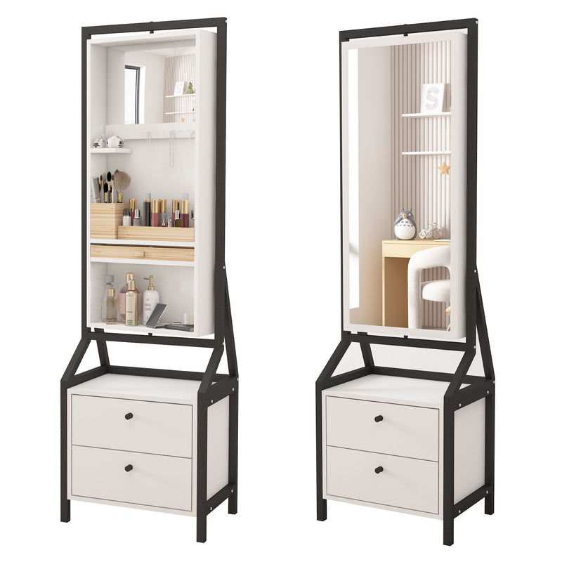 Modern Design Rotating Floor Standing Mirror Closet & Spacious Storage Area - White