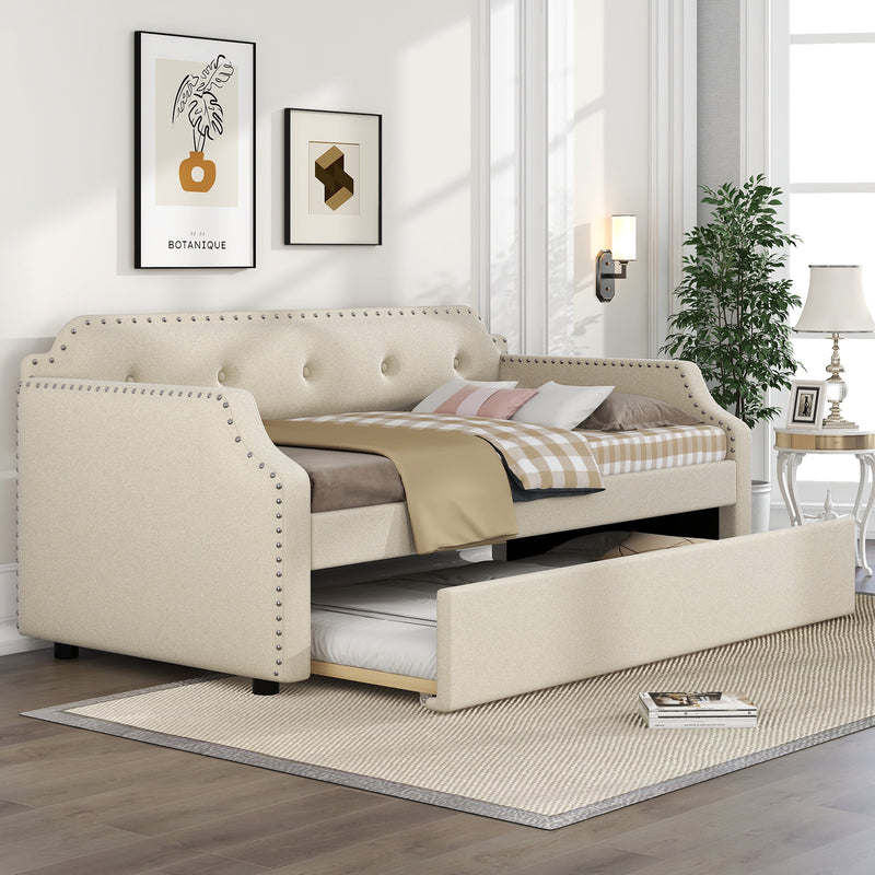 Upholstered Daybed with Trundle, Wood Slat Support,Upholstered Frame Sofa Bed, Twin, Beige