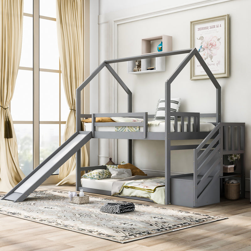 Twin over Twin House Bunk Bed with Convertible Slide,Storage Staircase can be Placed Left or Right,Gray