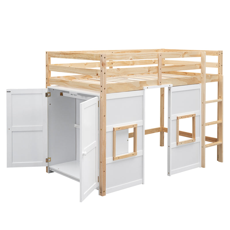 Wood Twin Size Loft Bed with Built-in Storage Wardrobe and 2 Windows, Natural/White