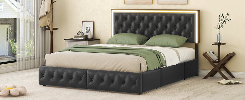 Queen Upholstered Bed Frame with 4 Storage Drawers, PU Leather Platform Bed with LED Headboard, No Box Spring Needed, Black