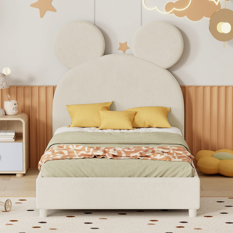 Twin Size Upholstered Platform Bed with Bear Ear Shaped Headboard, Beige