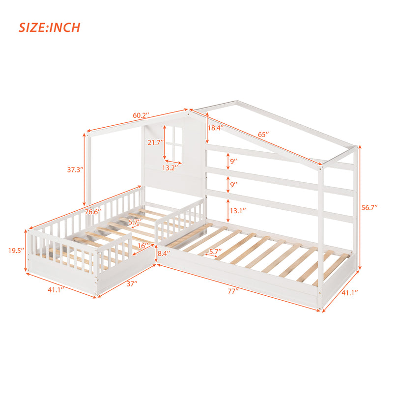 Wood House Bed Twin Size, 2 Twin Solid Bed L structure with fence and slatted frame （White)