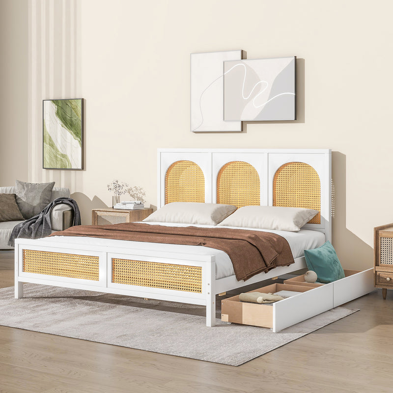 Queen Size Wood Storage Platform Bed with 2 Drawers, Rattan Headboard and Footboard, White