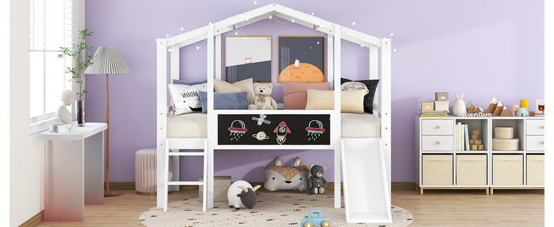 Twin Size Loft Bed with Ladder and Slide, House Bed with Blackboard and Light Strip on the Roof, White