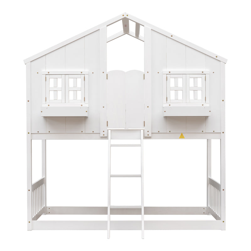 Twin over Twin House Bunk Bed with Roof , Window, Window  Box, Door , with Safety Guardrails and Ladder,White