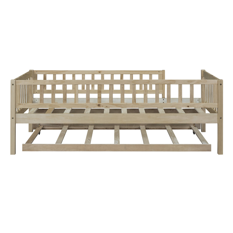 Twin Size Wood Daybed with Trundle and Fence Guardrails, Natural