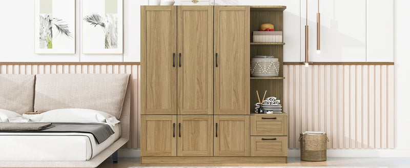 3 Door Storage Wardrobe For Dedroom With Shelves And 2 Drawers, Side Storage Shelves